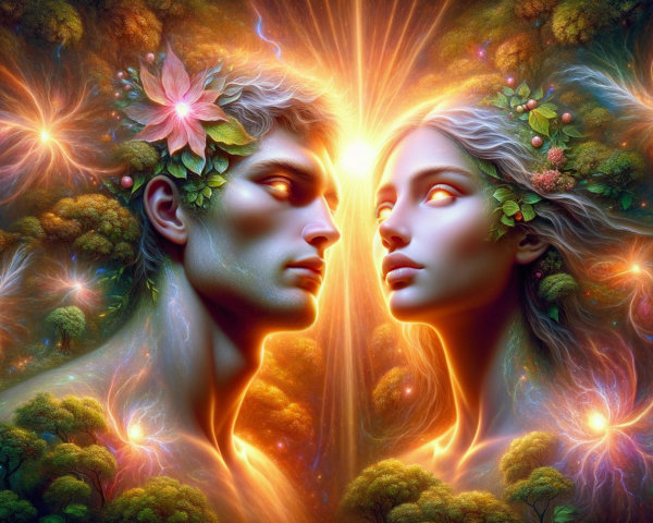 Ethereal Artwork of Figures in Vibrant Nature Scene