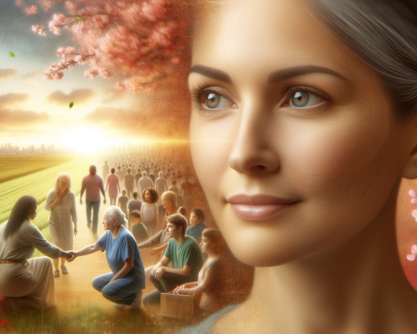 Serene Woman with Blue Eyes in Vibrant Landscape