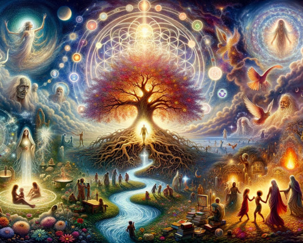 Colorful Landscape with Nature and Spiritual Elements
