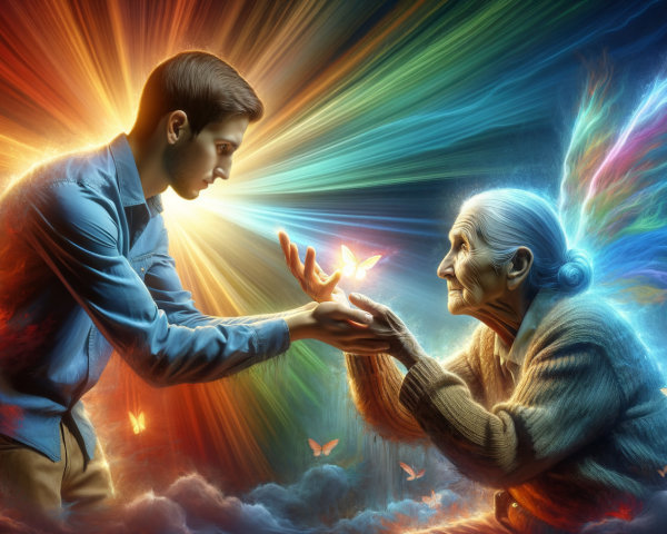 Vibrant Scene of Connection Between Young Man and Elderly Woman