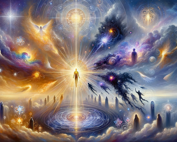 Vibrant Cosmic Scene with Ethereal Beings and Colors