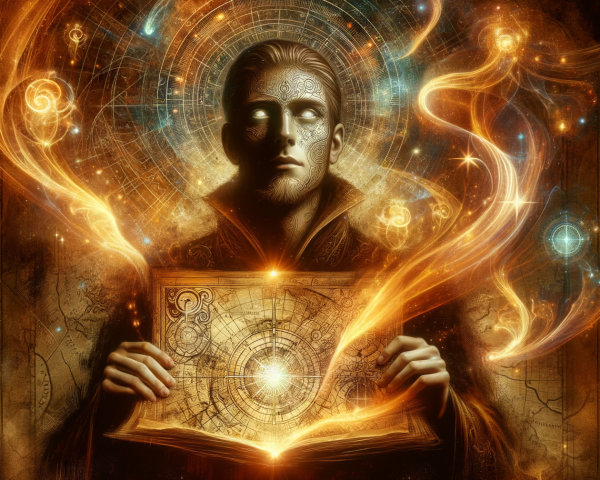 Mystical Figure with Ancient Book and Golden Energies