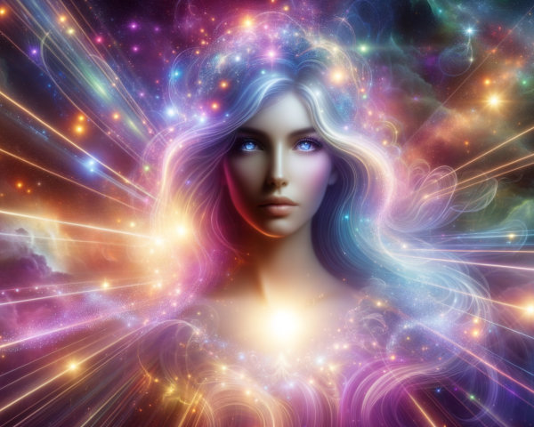 Mystical Figure with Luminescent Hair in Cosmic Scene
