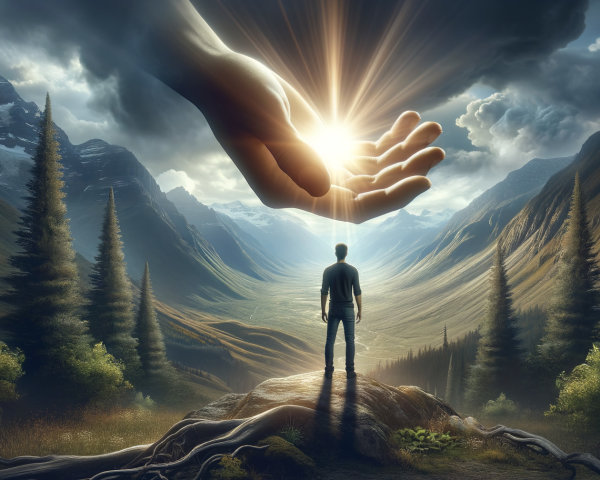 Solitary Figure in Valley with Descending Hand and Light