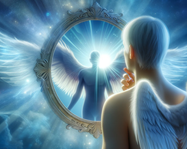 Winged Figure Gazing into Ornate Mirror Reflection