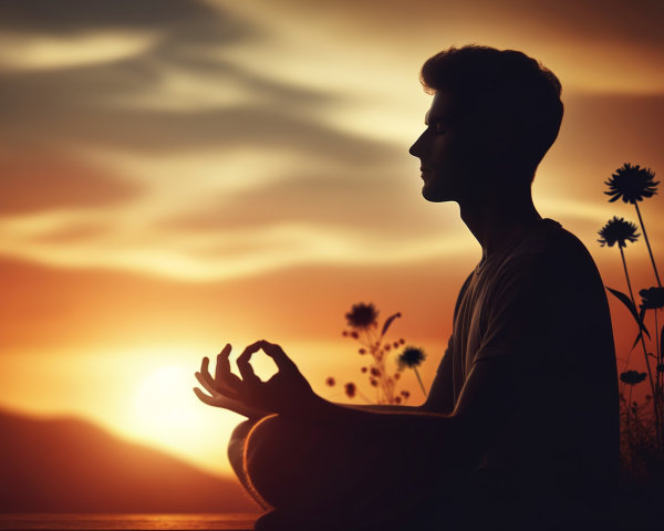 Silhouette of a Young Man Meditating at Sunset