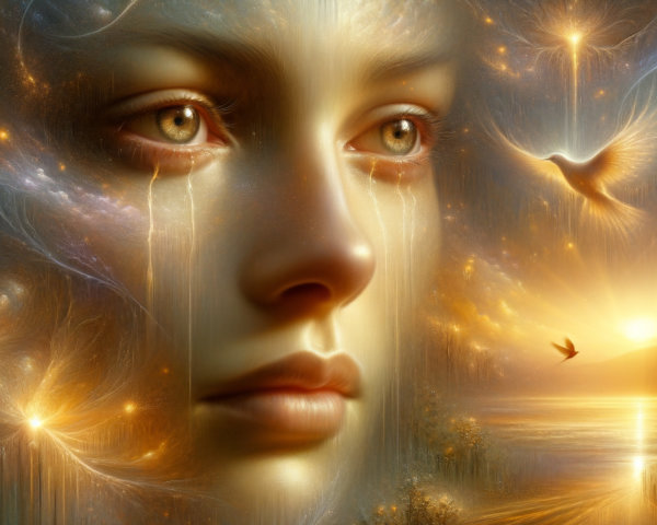 Ethereal Face with Expressive Eyes and Golden Tears