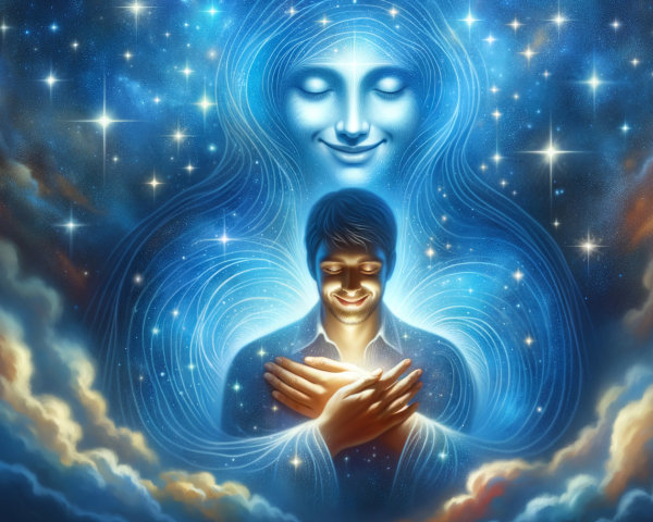Ethereal Avatar and Man in Starry Digital Painting