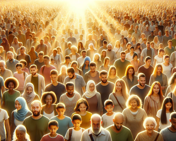 Diverse Crowd Moving Towards a Bright Golden Light