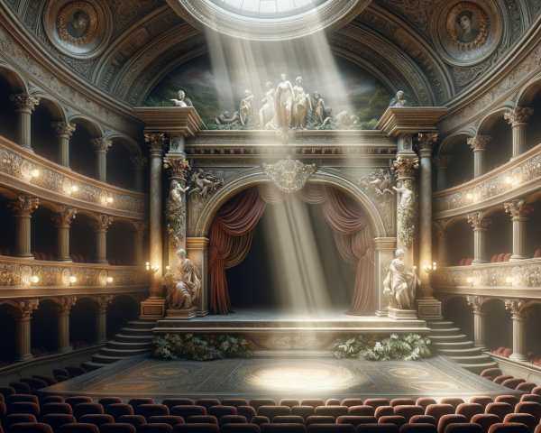 Ornate Classical Theatre with Dramatic Sunlight Effects