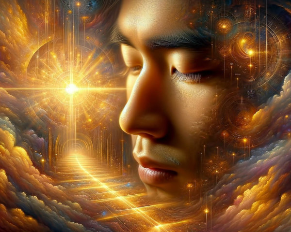 Serene Face Against Vibrant Cosmic Backdrop