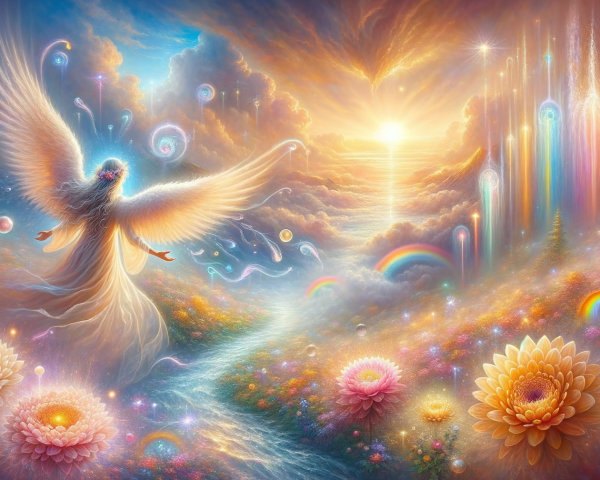 Serene angel in a vibrant dreamlike landscape