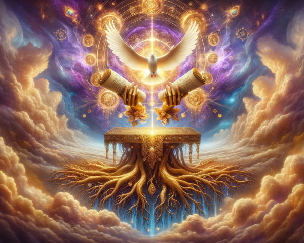 Majestic Dove Above Golden Pedestal in Cosmic Scene