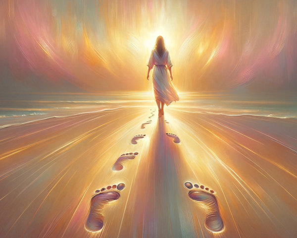Serene beach scene at sunset with footprints in sand