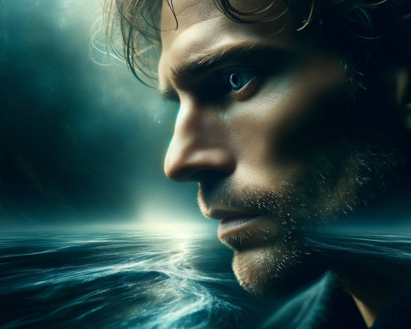Surreal Close-Up of a Man's Face and Tranquil Sea