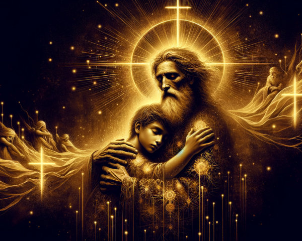 Divine Figure Embracing Child in Radiant Light