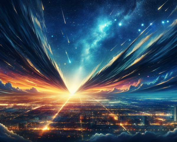 Vibrant Cosmic Scene with Dawn and City Below