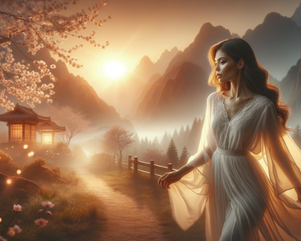 Serene Dawn Landscape with Woman by Tranquil River