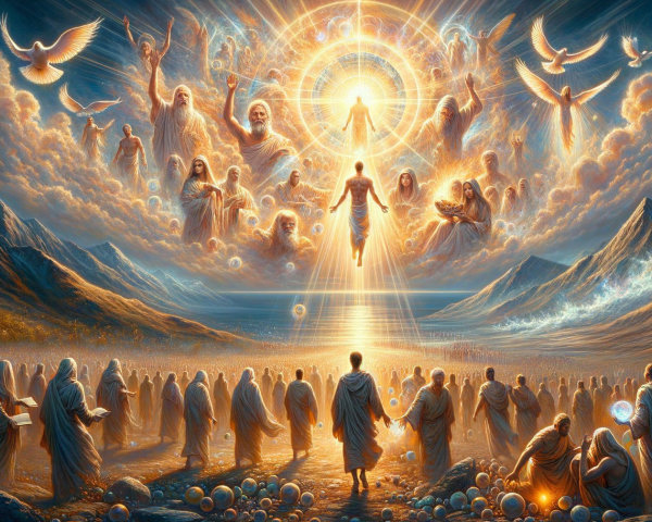 Silhouetted Figures and Divine Light in Spiritual Scene