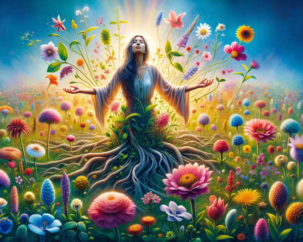 Serene figure in a vibrant flower-filled field