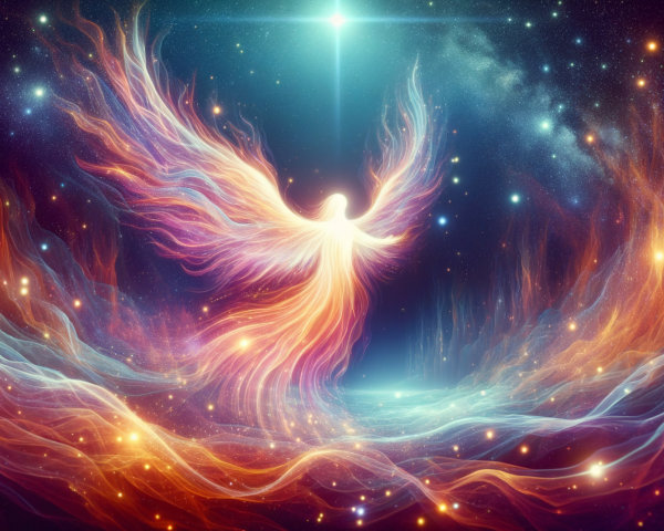 Ethereal Figure with Luminous Wings in Cosmic Scene