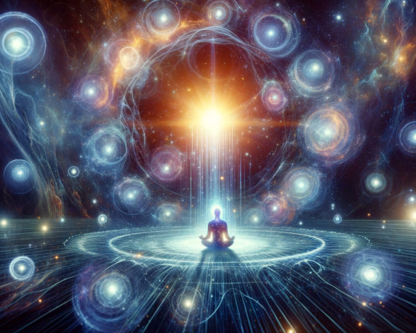 Meditative Figure in Cosmic Galaxy with Radiant Light
