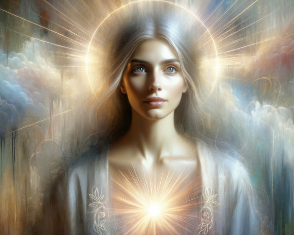 Ethereal Woman with Halo in Serene Cloudscape