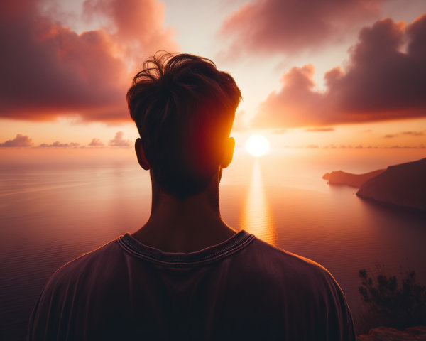 Silhouette at Cliff Overlooking Sunset Sea Scene