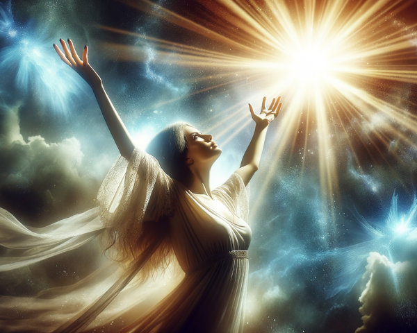 Woman in Ethereal Light Against Cosmic Backdrop