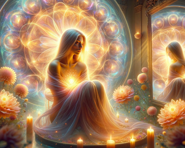 Serene figure in vibrant, ethereal floral setting