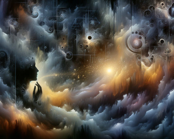 Celestial Scene with Colorful Clouds and Silhouetted Figure
