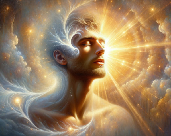 Contemplative Figure in Ethereal Cloud Background