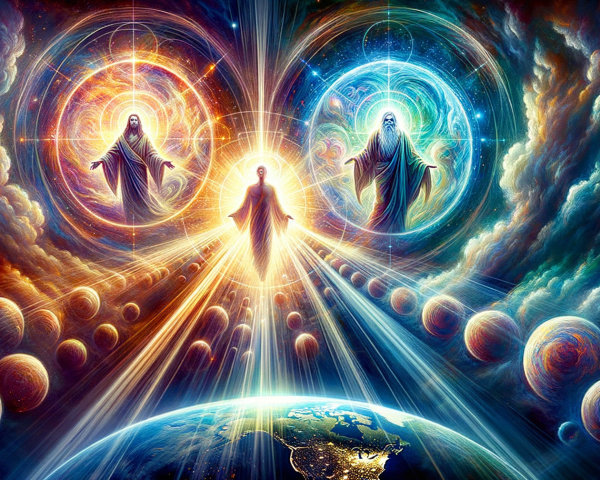 Cosmic Scene with Ethereal Figures and Galaxies