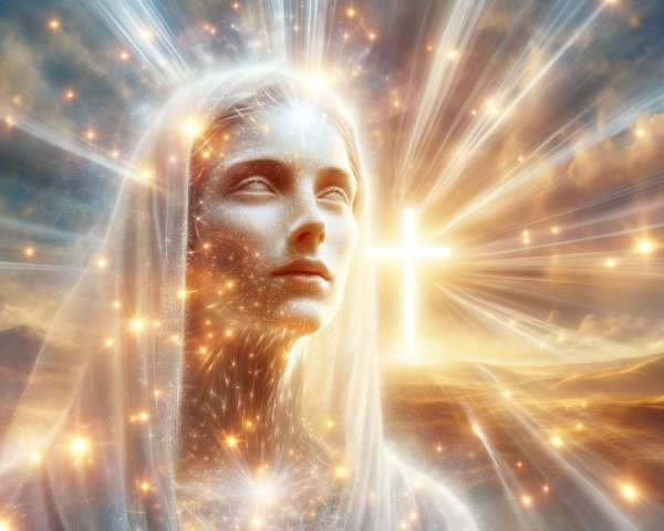 Ethereal Figure with Radiant Light and Cross Background