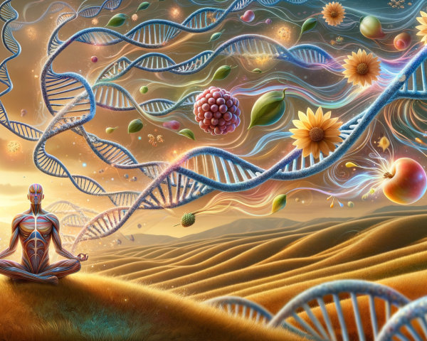 Surreal Landscape with Meditative Figure and DNA Elements