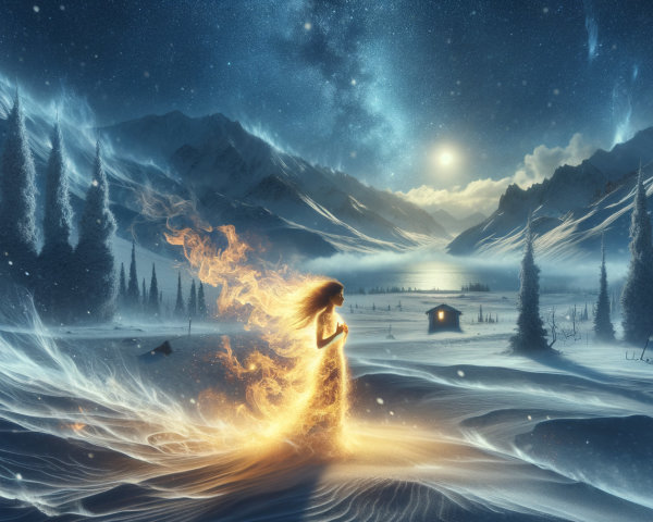 Mystical Winter Landscape with Fire and Ice Elements