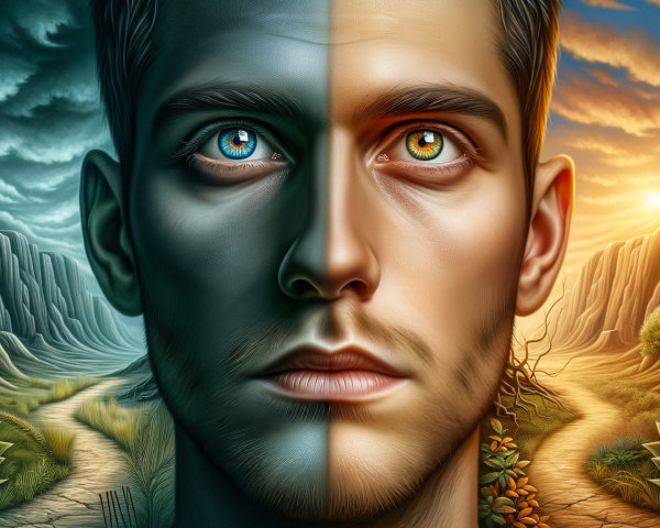 Split Portrait of Young Man Depicting Dual Emotions