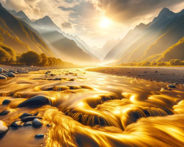 Winding River and Majestic Mountains at Sunset