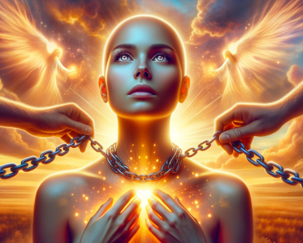 Bald Woman with Glowing Heart Under Sunset Scene