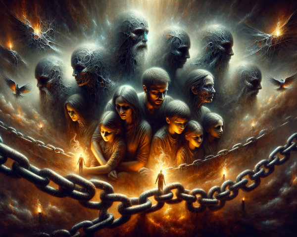 Surreal Scene of Ethereal Figures and Chains