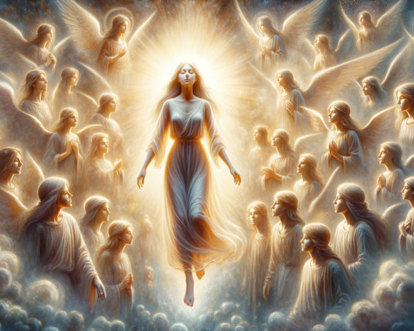 Luminous angels in flowing robes among blue-grey clouds