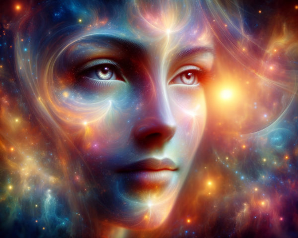 Ethereal Face Against a Cosmic Colorful Background