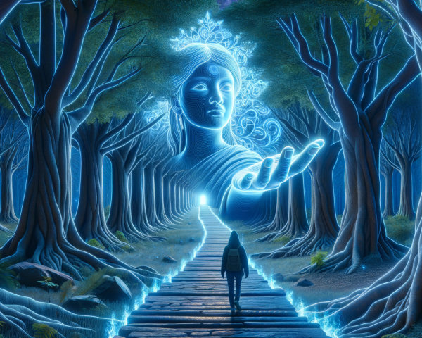 Serene forest path with glowing goddess figure