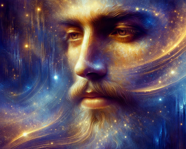 Cosmic Portrait of a Serene Male Face with Colors