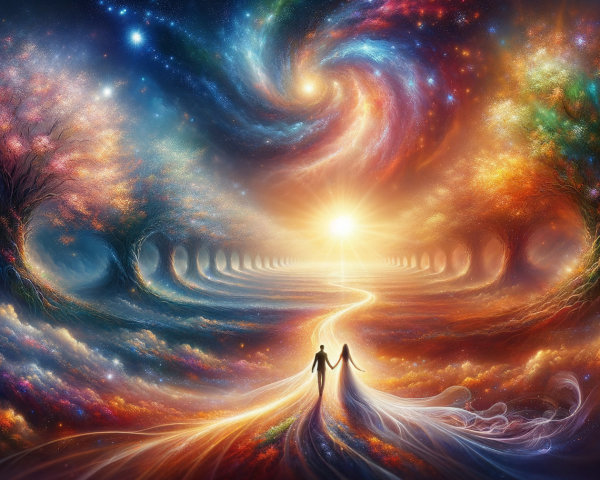Couple on a Path in a Cosmic Landscape with Trees