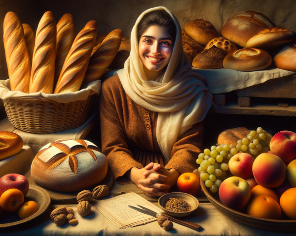 Cozy Market Scene with Baked Goods and Fresh Produce