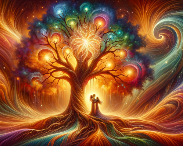 Majestic tree with glowing orbs in vibrant landscape