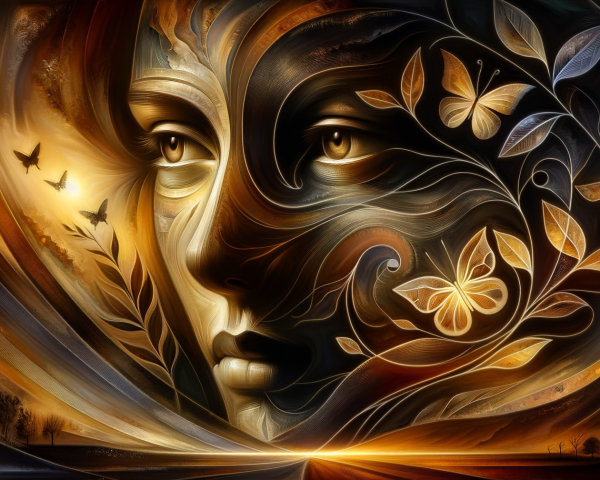 Surreal Woman's Face with Nature and Flowing Patterns