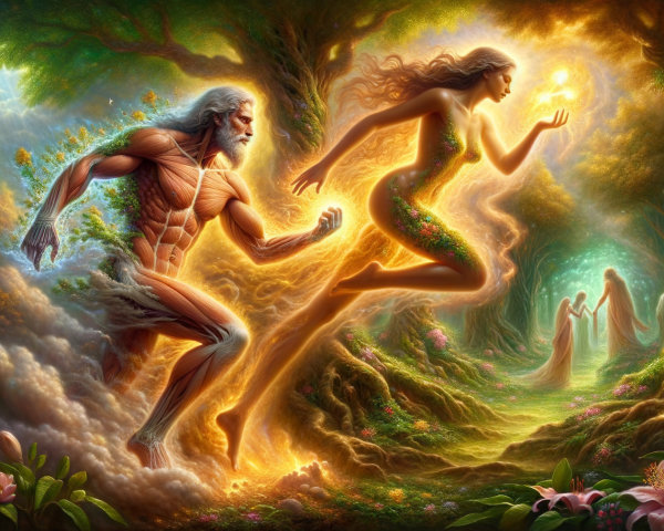 Muscular Deity and Woman in Ethereal Forest Setting