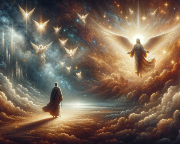 Digital Painting of a Hooded Man and Ethereal Angels